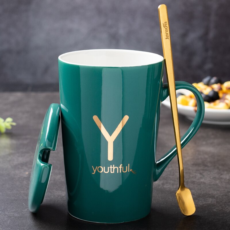 couple ceramic mug with lid spoon trend men and women household drinking cup personality milk coffee tea cup cup: L