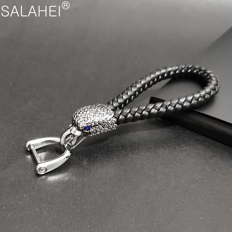 Animal Eagle Head Keychain Horsebuckle Leopard Head Metal Key Chain Luxury Car Keyring Hand Woven Jewelry: B-black