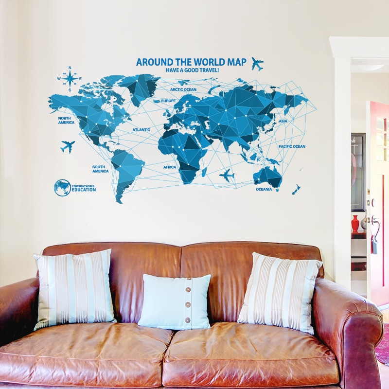 Waterproof 3d blue world map wall stickers office rooms decals decor wall art bedroom for home decorations wall decals