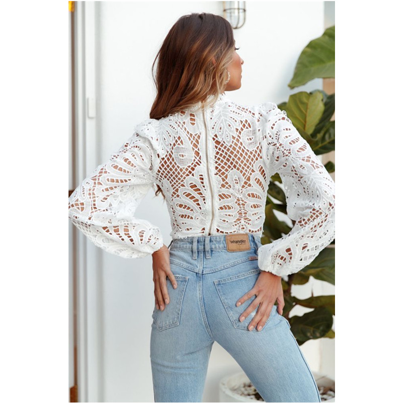 Kvinder toppe og bluser lange ærmer blomster blonde toppe afslappet hæklet hul rullekrave bluse kvindelige skjorter outfits