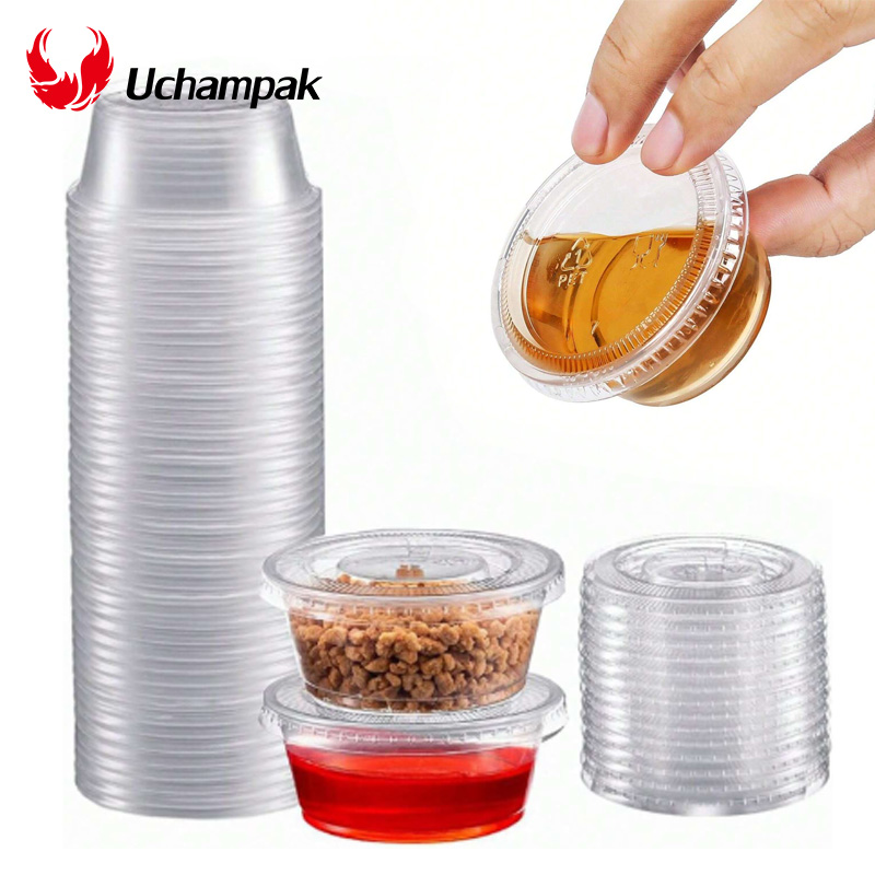 50/100 pièces 2oz Portion tasses avec couvercles jetable en plastique Sauce conteneur boîte salade pansement assaisonnement Mini cuisine organisateur