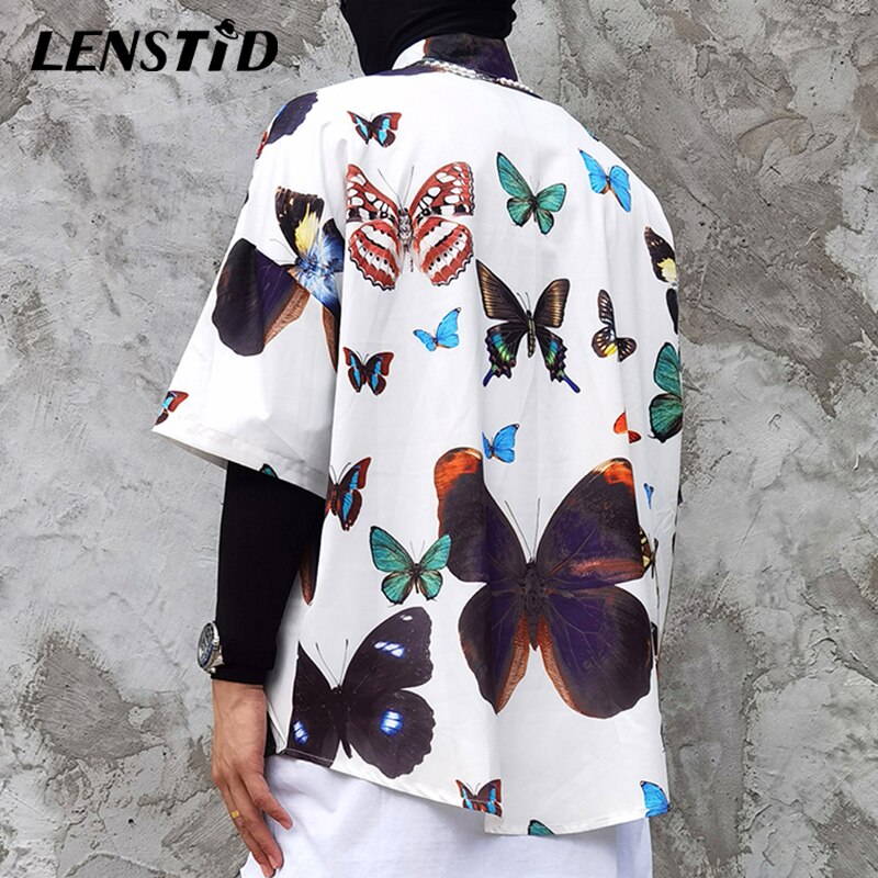 LENSTID Mens Hip Hop Butterfly Printed Hawaiian Shirt Harajuku Streetwear Beach Shirt Summer Short Sleeve Oversize Shirts