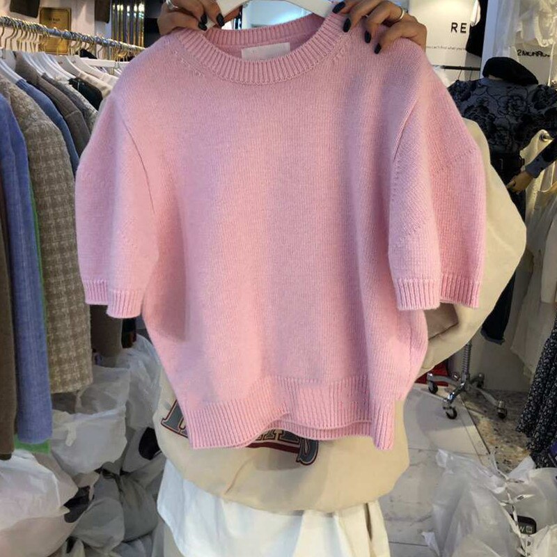Nomikuma Korean Sweet Short Sleeve Knitted Pullovers Causal O-neck Women Sweater Spring Knitwear Jumpers 6F273