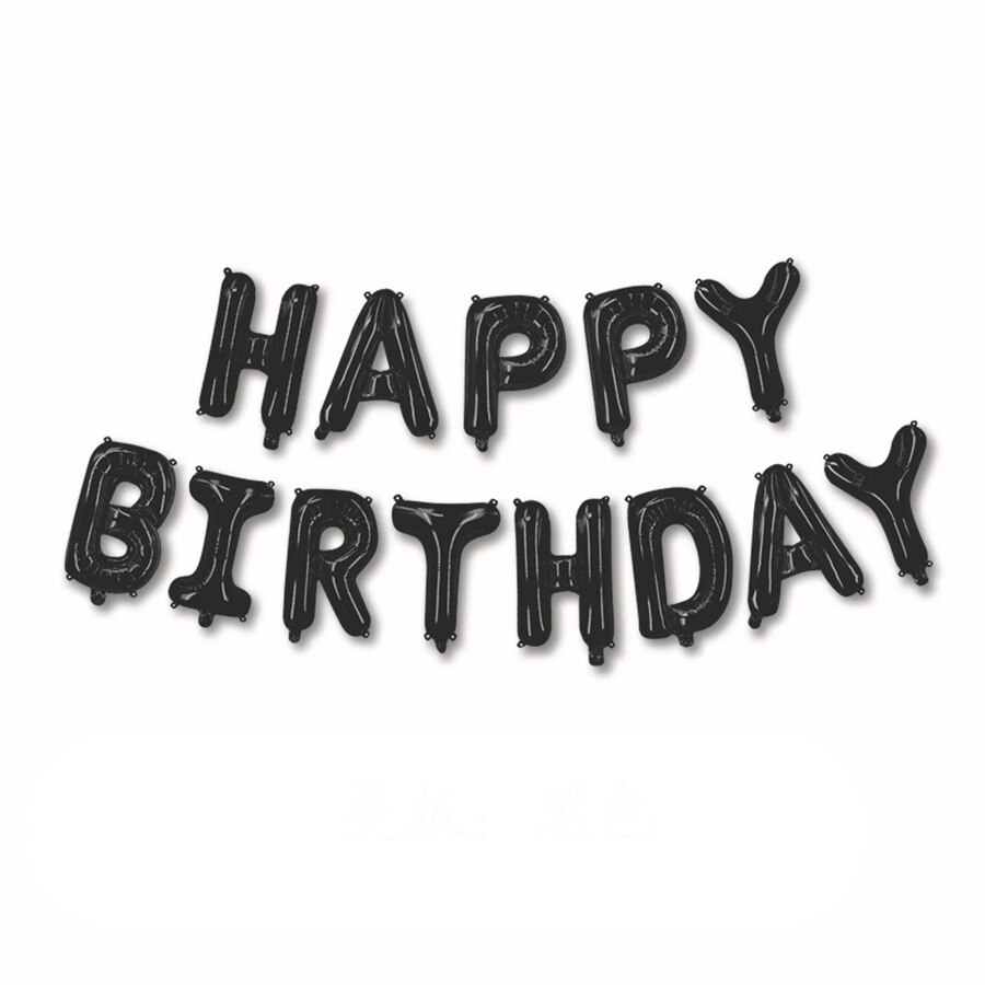 Ballon en aluminium avec corps fin anglais lettre joyeux anniversaire | 10 pièces, 16 pouces, paille et ruban: Black