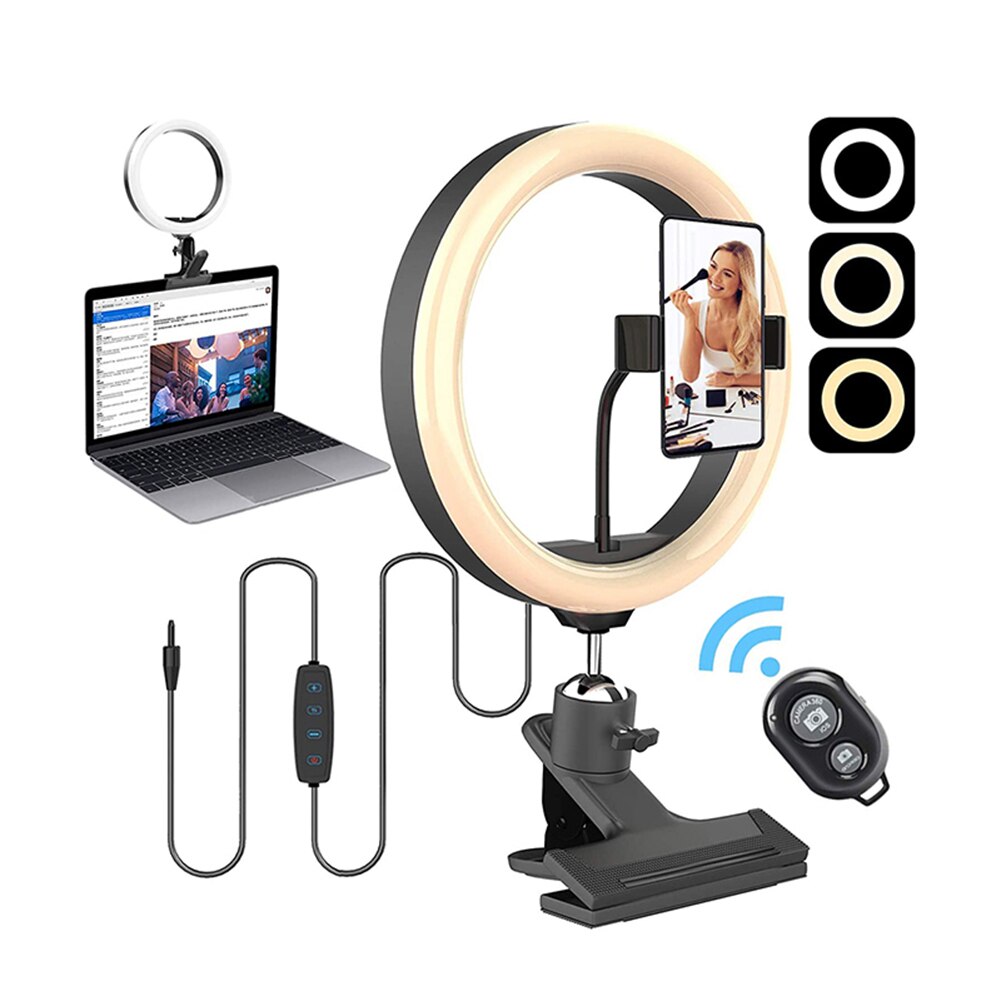 Video Conference Lighting Kit Clip on 10 inch LED Ring Light with Phone Holder Bluetooth Remote for Laptop PC Monitor Live Strea