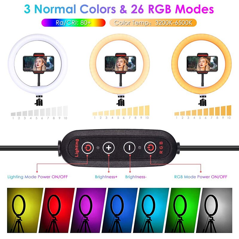 10 Inch RGB LED Ring Light - Dimmable Camera Lamp with Tripod Stand for Photo Video Studio