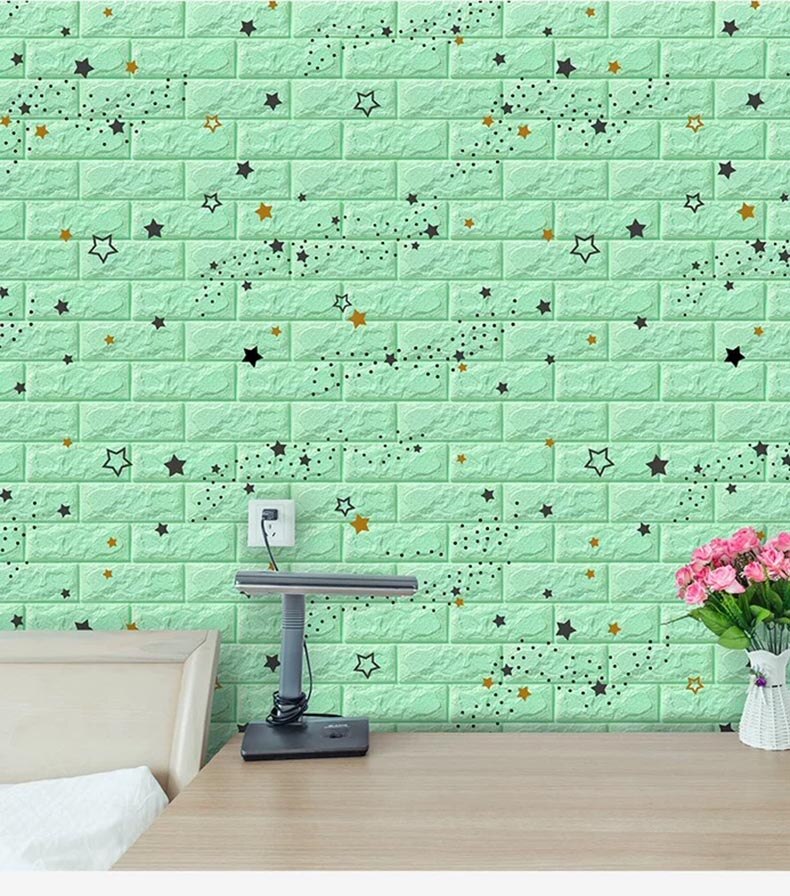 70*77cm bricolage auto-adhésif 3D Stickers muraux chambre étanche mousse brique chambre papier peint décor salon autocollant mural pour les enfants: green stars