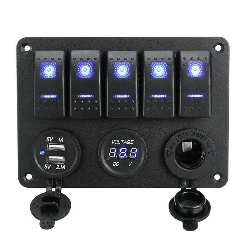 Panel de interruptor de palanca de 5 entradas, 12V, 2 USB, compatible con coche, barco, caravana, camión