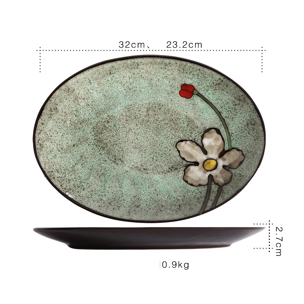 Kiln Glaze Japanese Ceramic Tableware Home Use Crockery Salad Bowl Spoon Steak Plate Set Dishes Hand Painted Floral Pattern: G