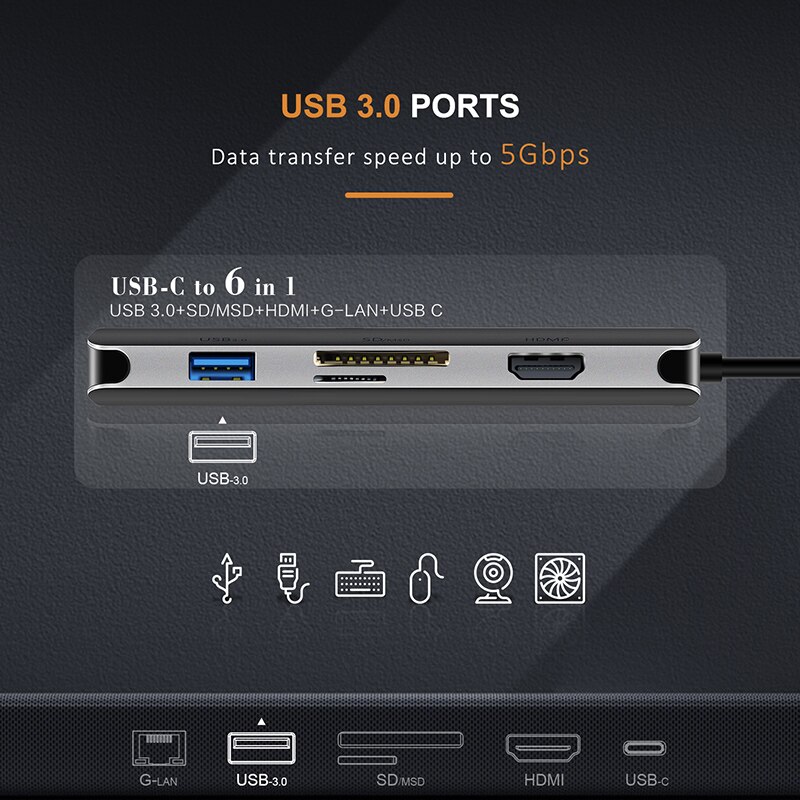 Cabletime Usb C Hub Type C Naar Hdmi Sd Hub USB3.0 Lan Netwerk Hdmi Adapter 6 In 1 Voor Macbook air Pro Huawei Matebook C041