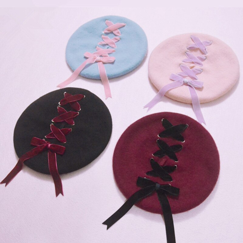 Naiset suloiset söpöt baretit naisten hatut pehmeä macaron väri nauha villainen lolita baretti vintage pehmeät olkaimet ristijousi tyttöjen baretit