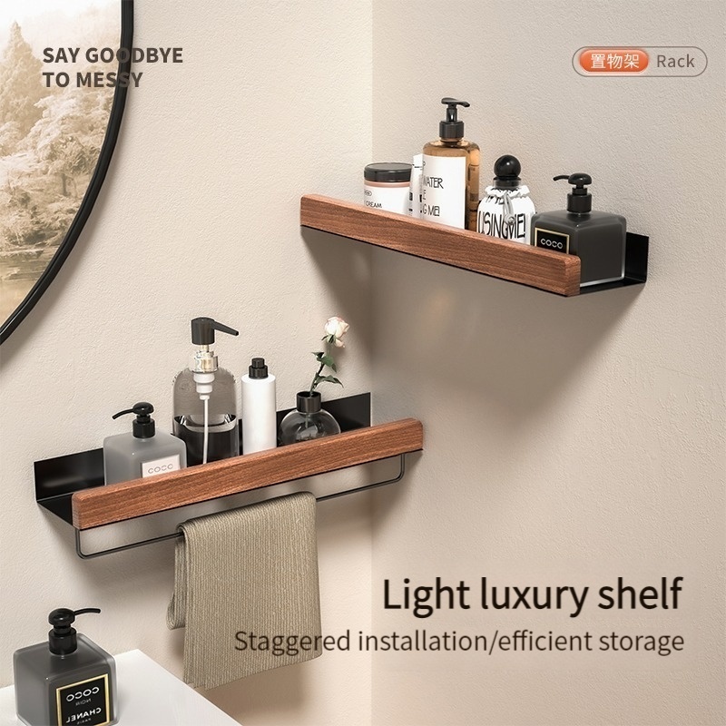 Estante esquinero de material de aluminio y madera, estante de almacenamiento para champú, estante de pared para ducha, organizador de baño, accesorios de baño