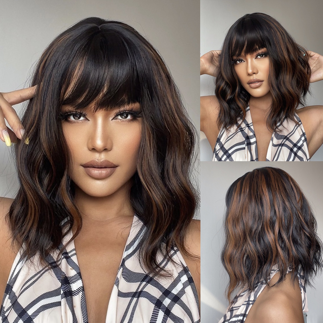 Pelucas sintéticas ombré marrón Rubio para mujer, pelo corto ondulado Bob con flequillo, onda corporal, Cosplay, Lolita, pelo Natural resistente al calor: P1B / 613