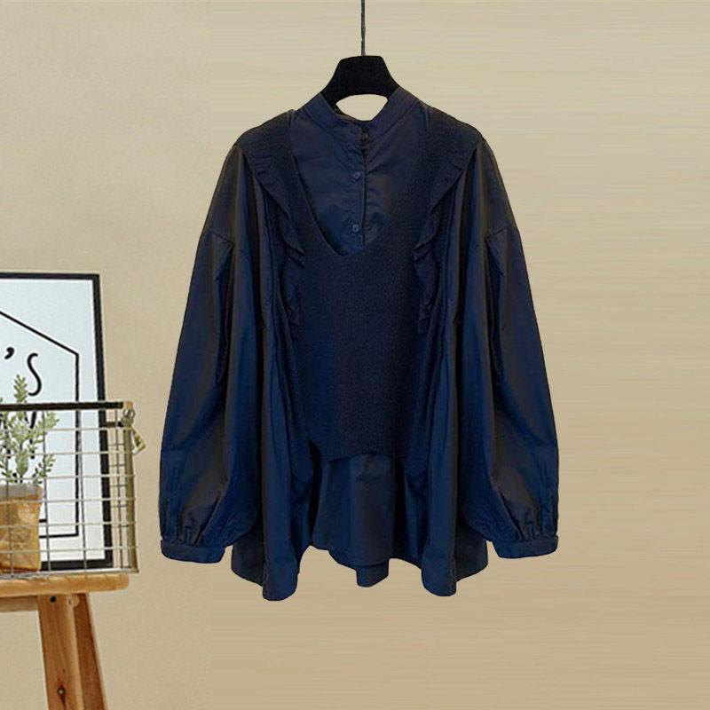 Autumn Ruffle Long Sleeve Knitted Sweater Splice Shirt Bowknot Jeans Two Piece Women's Pants Set: L / Brown