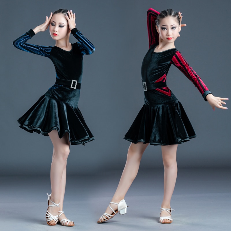 Children Latin Dance Dress Female Autumn Winter Velvet Long Sleeve Ballroom Performance Competition Dress Dance Wear