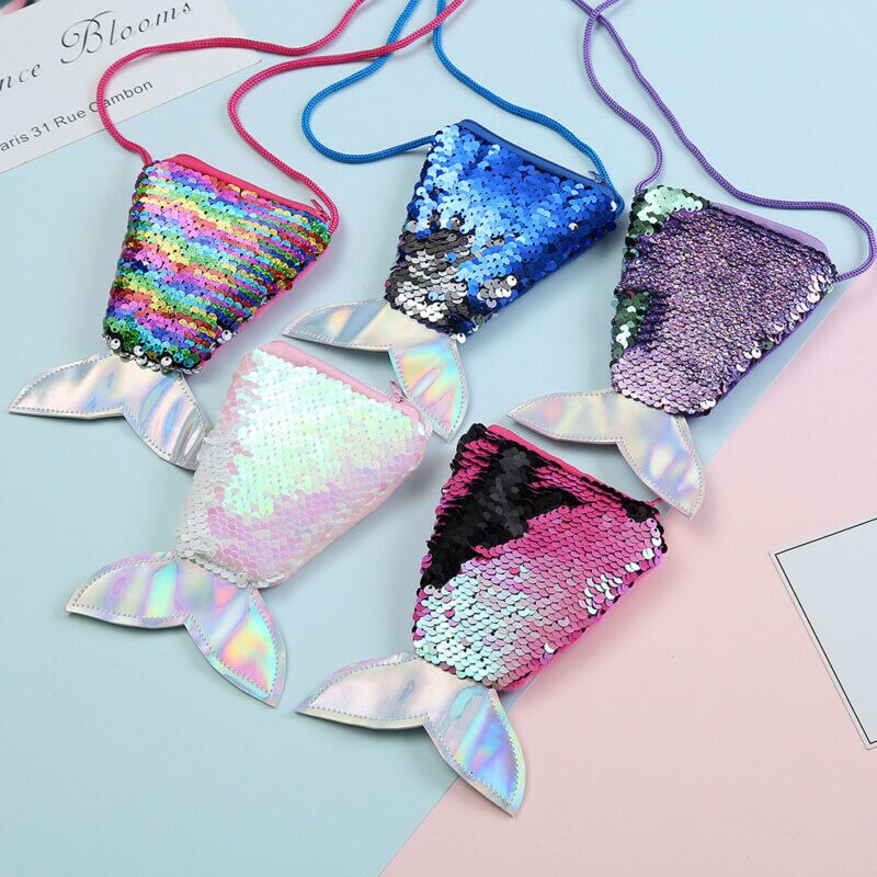 Baby Girls Colorful Sequins Mermaid Tail Bag PU Leather Princess Zipper Purse Crossbody Coin Bag for Children