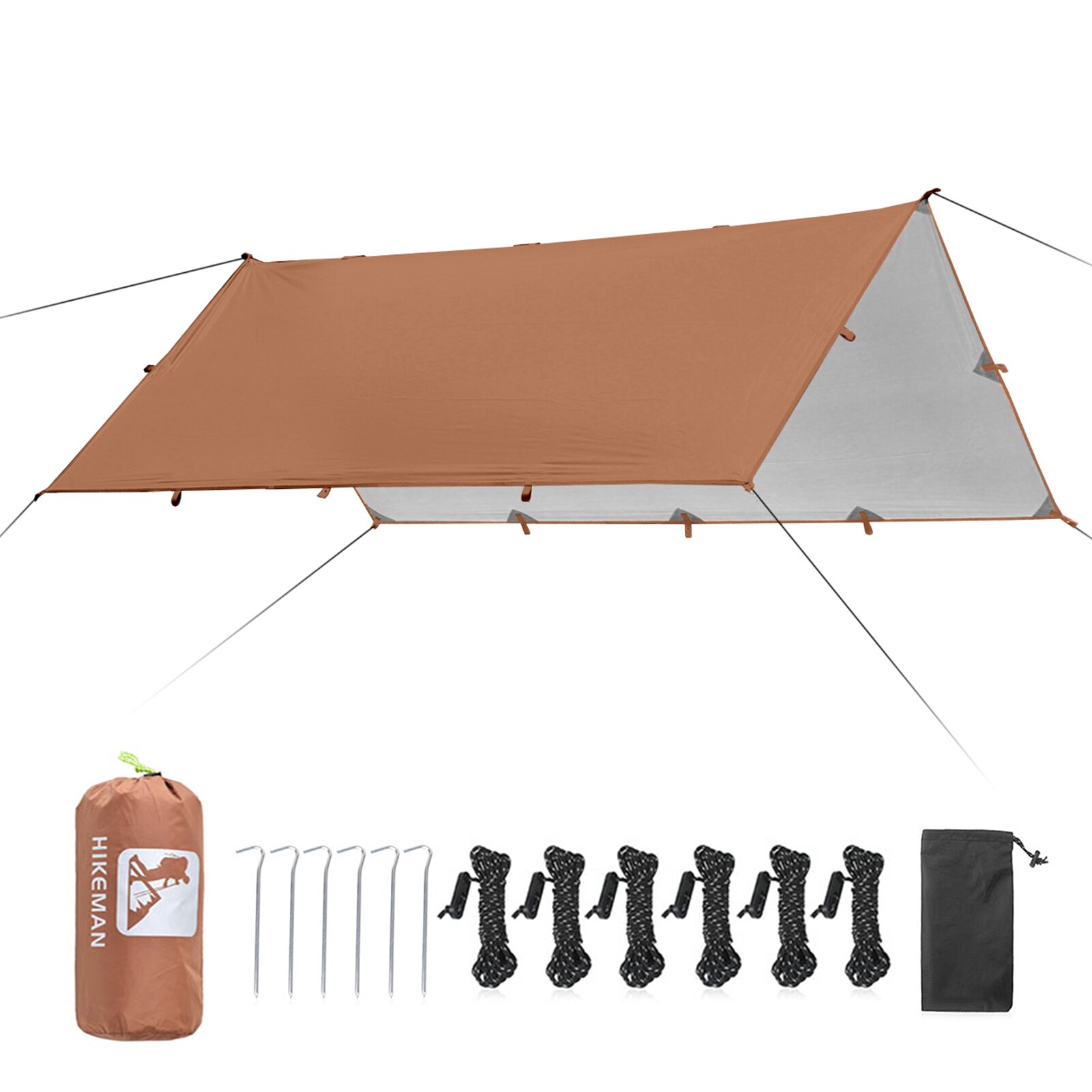 3.2X3M Luifel Waterdicht Tarp Tent Schaduw Vouwen Camping Luifel Ultralight Strand Zon Onderdak Versterkte Stiksels Zilveren Coating: Khaki with Pegs