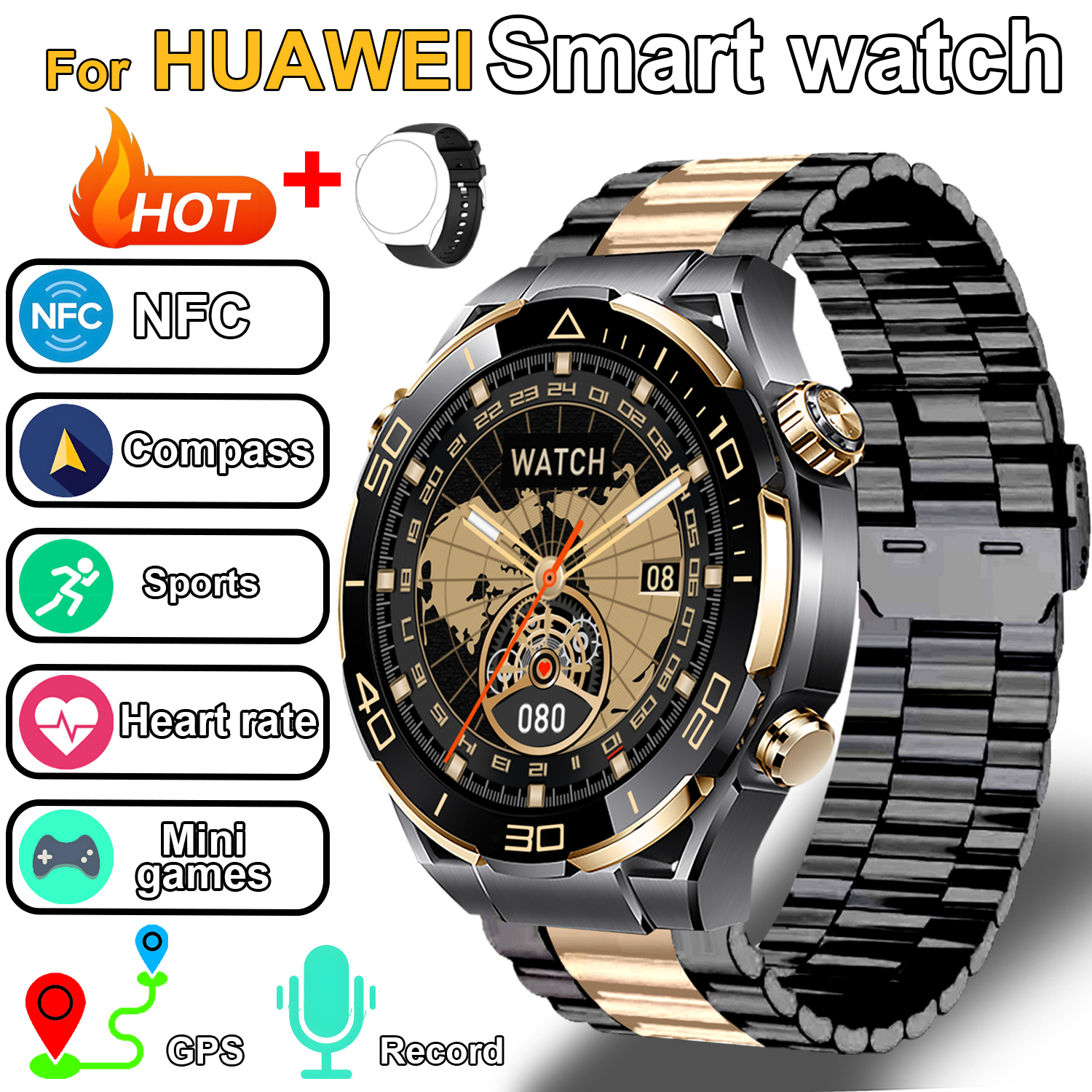 Nowy inteligentny zegarek sportowy dla mężczyzn 420mAh Kompas GPS NFC BT Monitorowanie tętna Smartwatch dla Huawei 2025 sprytny zegarek: Różowy