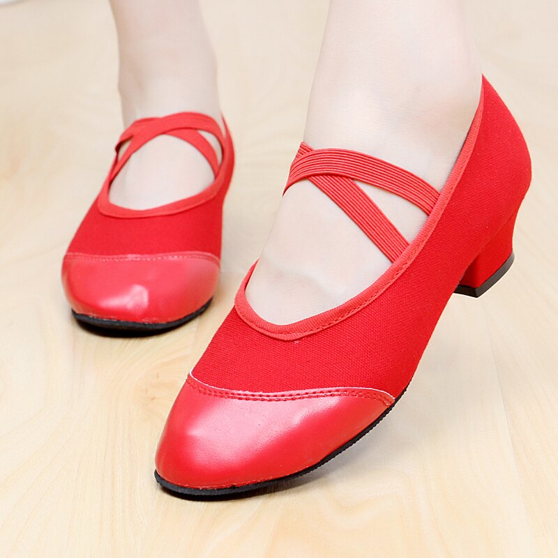 Women&#39;s Red/Black Canvas Dance Shoes Low Heel Dance Practice Shoes Soft And Breathable PU Shoes Head