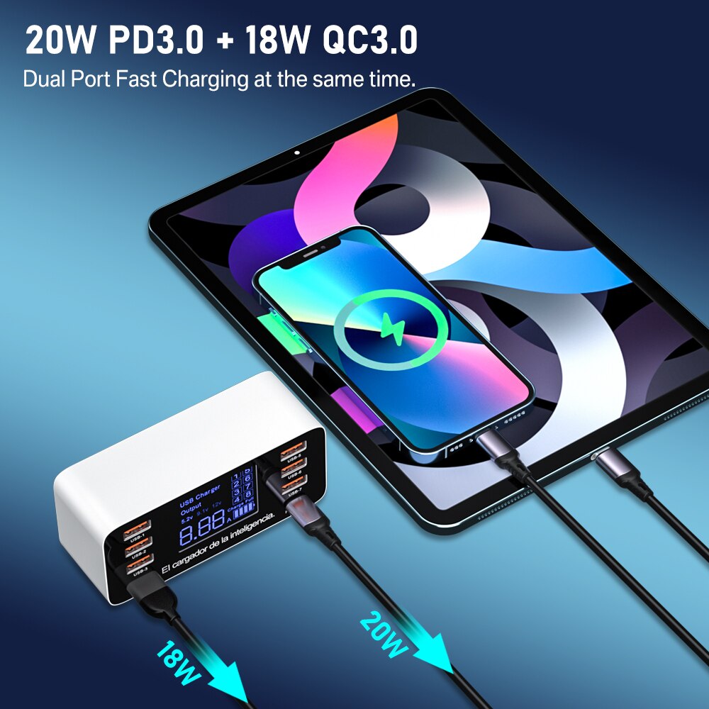 60w usb-handyladegeräte mit 8 usb-c-anschlüssen ,  qc3.0 pd usb-c-schnellladegeräte mit schnellladefunktion, 3.0 intelligente ladestationen mit led-anzeige und netzteil