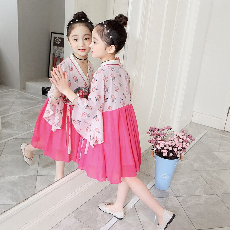Newly Girls Fairy Dress Traditional Chinese Cheongsam Dress Kids Spring Pink Hanfu Qipao Tang Suit For Children Kids SL1023