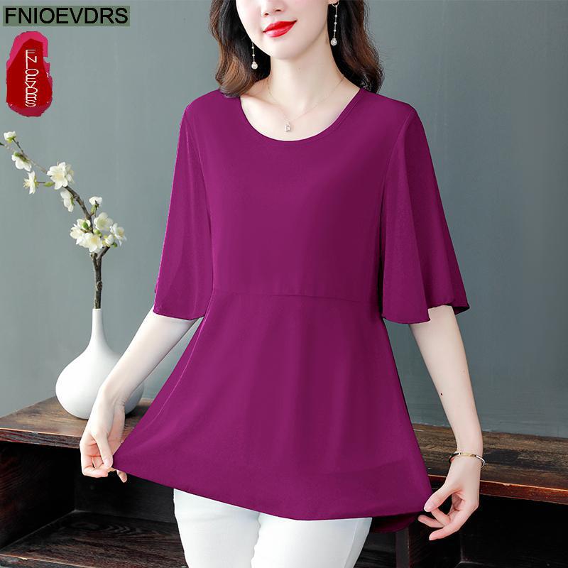 M -4xl lösa kläder kvinnor sommar kortärmade volangskjortor casual chiffong blommig tunika peplum toppar och blusar: 4xl / Lila