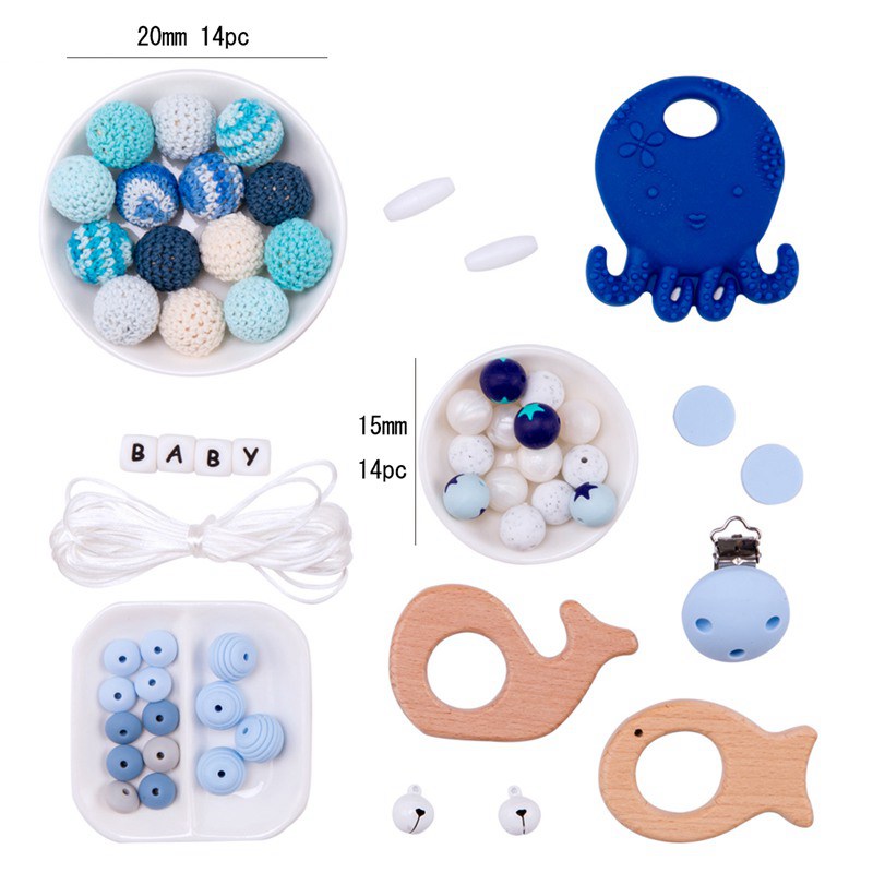 Hacer 1 Juego de mordedor de silicona para dentición de bebé cuentas de perlas de madera artesanía cuerda DIY juego de mordedor de Madera Juguetes de mordedor: 19TZ02911