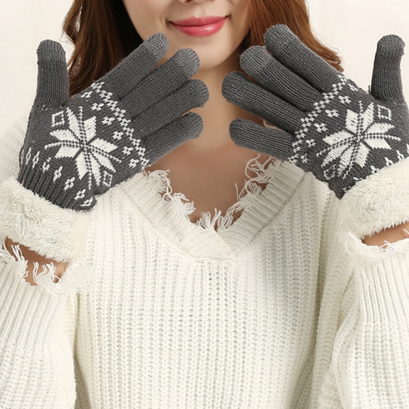 Rimiut tyk kashmir to lag vinterhandsker til kvinder snefnug strikket mønster fuldfinger skiløb &amp; touch screen handske: Grå