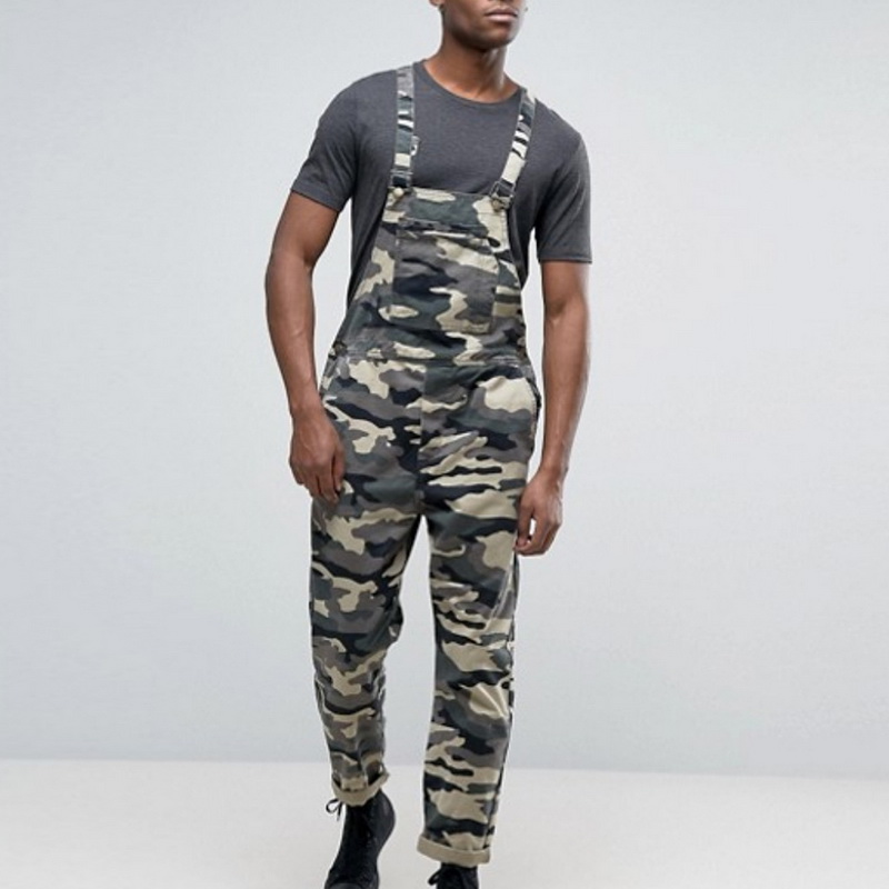 Mens Bib Overall Pants Lightweight Casual Loose Fit Walkshort Jumpsuit Button Denim Rompers Camouflage Overalls Hole Jeans: Beige / M
