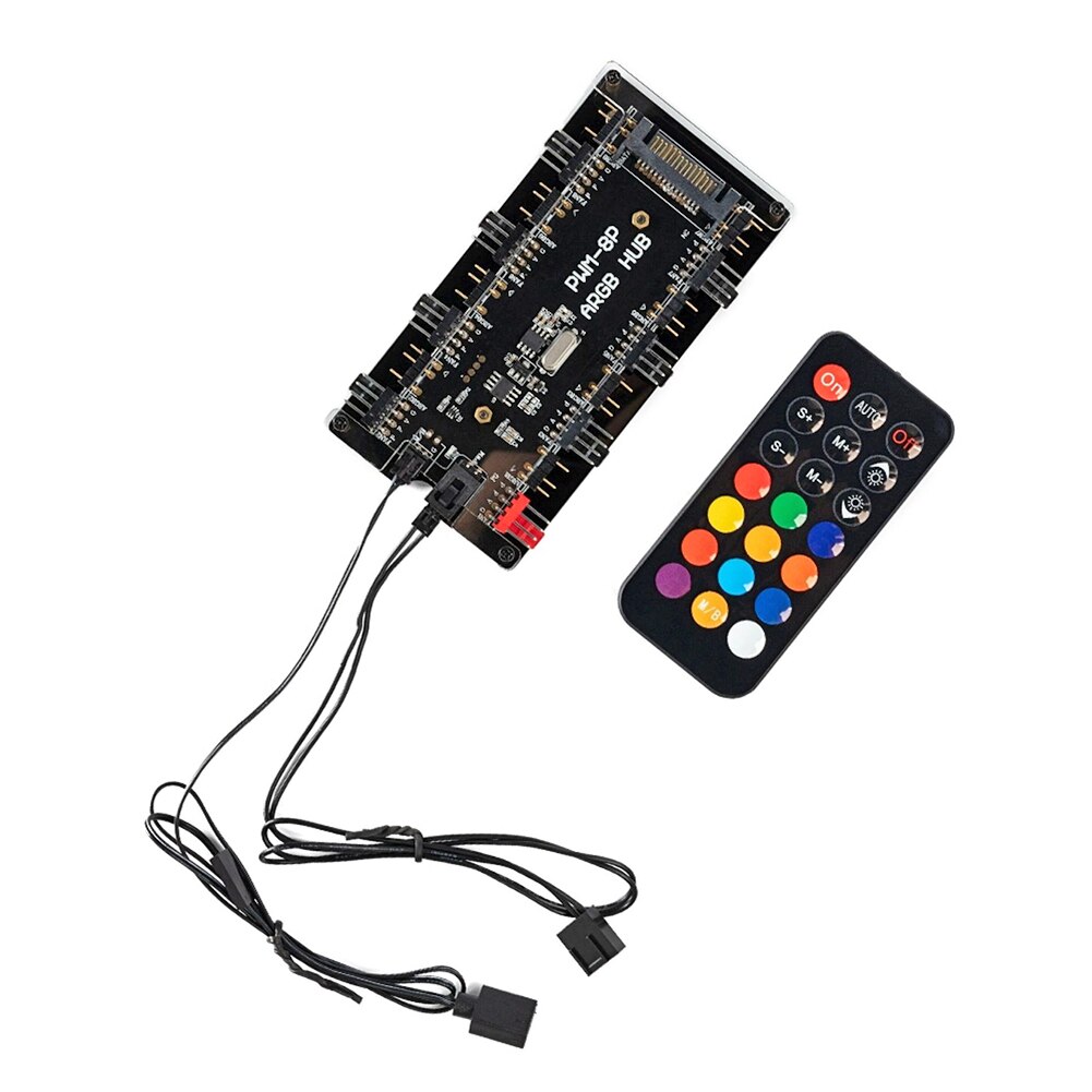 1 to 8 3-Pin ARGB Addressable RGB LED Hub with Remote Control PWM Fan Hub 8 Port 4-Pin PWM Fan ARGB Controller with PWM Cable