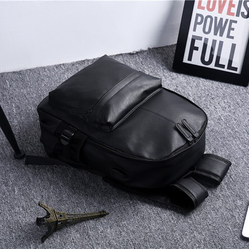 VICUNA POLO Leisure Leather Backpack For Men Unisex College Student Laptop Backpack Bags Solid Black Travel Backpacks