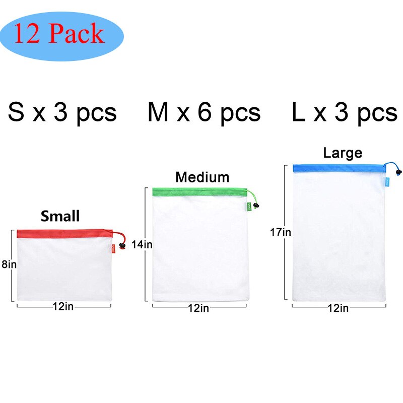 12Pack Mehrweg Gittergewebe Produzieren Taschen Waschbar Eco Freundliche Leichte Taschen Für Lebensmittelgeschäft Einkaufen Lagerung Obst Gemüse Netz Tasche: 12 Pack