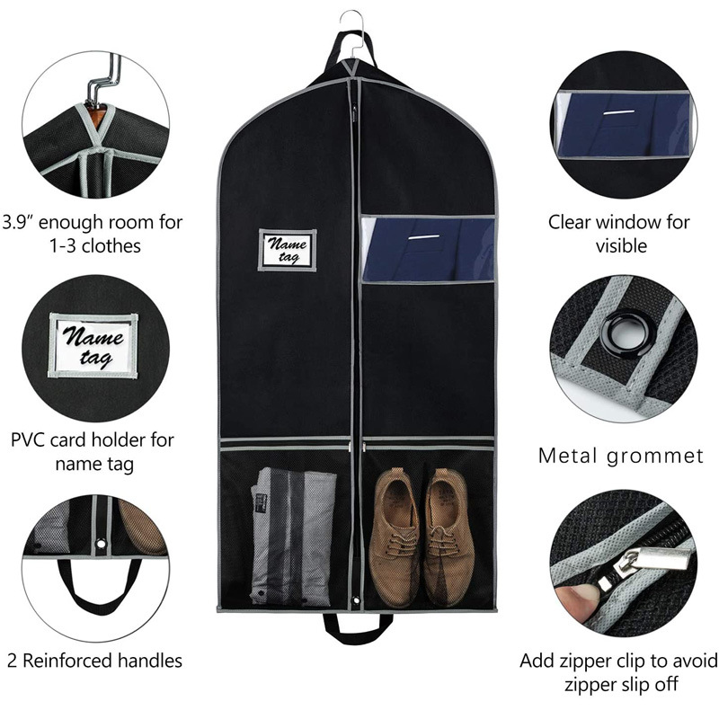 Funda de traje con refuerzo negro con bolsillos grandes para zapatos de malla, bolsas de ropa colgantes para viaje, bolsa de ropa transpirable, abrigos, bolsas de vestir