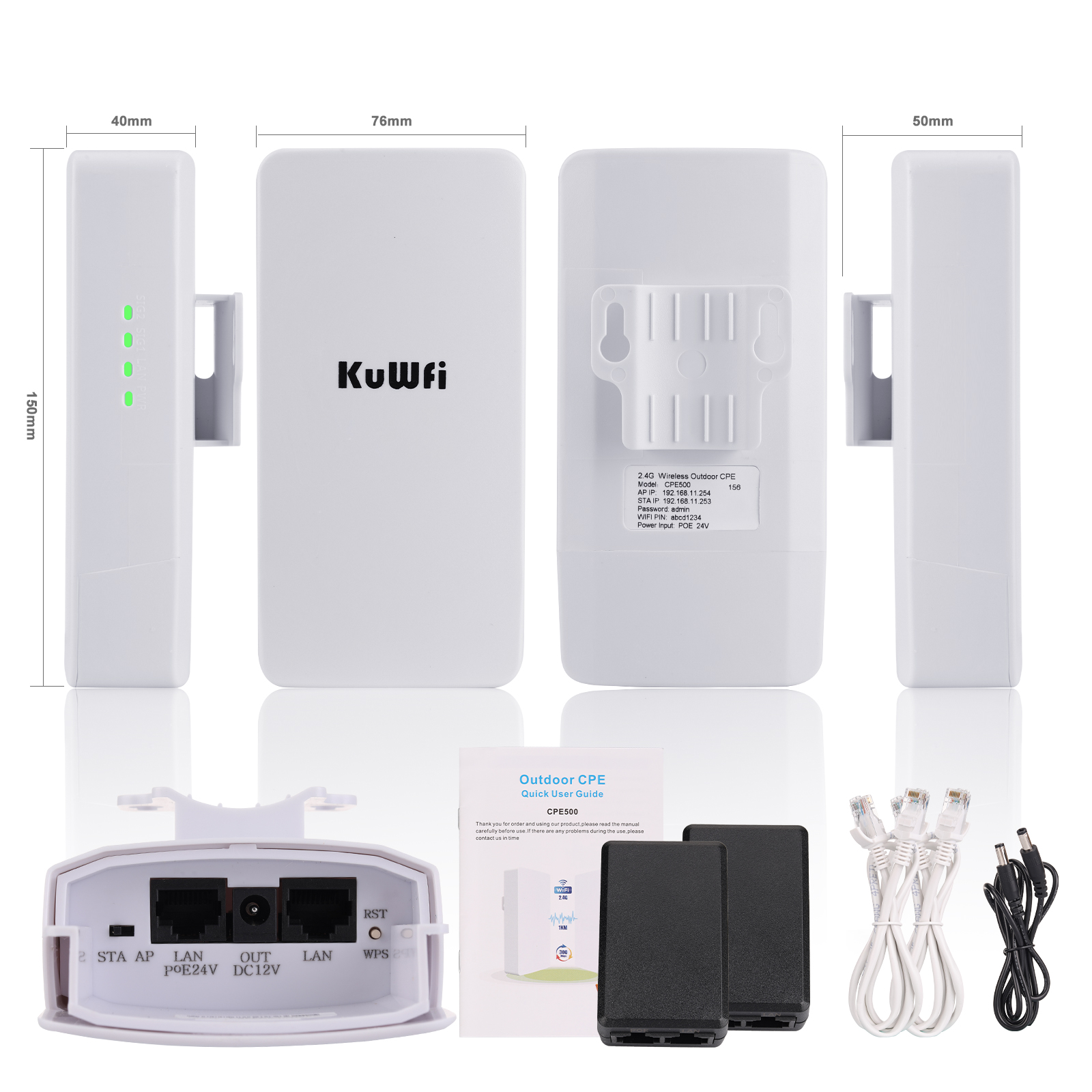 KuWFi 2.4Ghz 300Mbps Outdoor CPE Bridge Bezprzewodowy router Wi-Fi AP Repeater Mode Long Range Extender Bezprzewodowy most PTP PTMP 1KM
