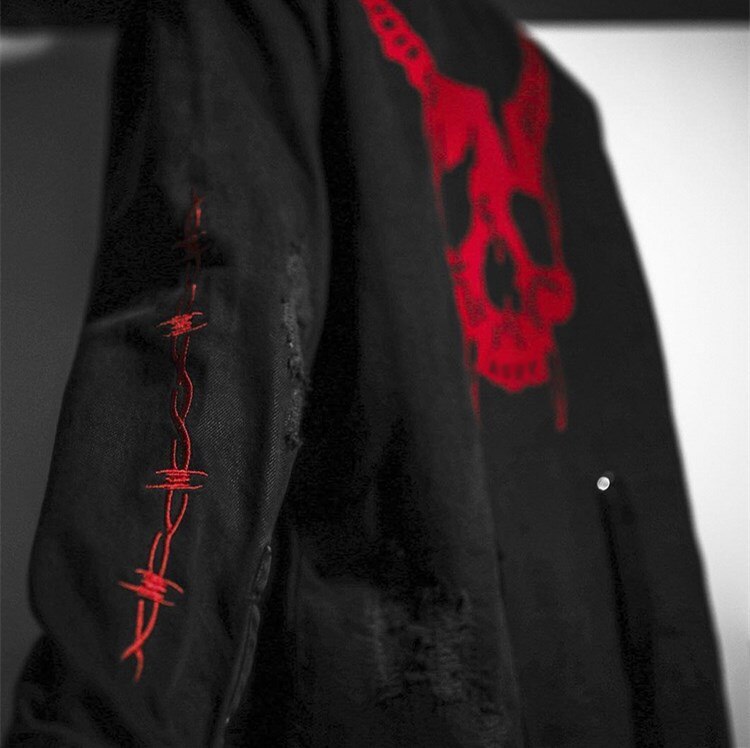 Gótico cazador de cráneo negro Denim chaqueta hombres chaqueta Punk Rock sudadera Heavy Metal tirantes agujero Streetwear