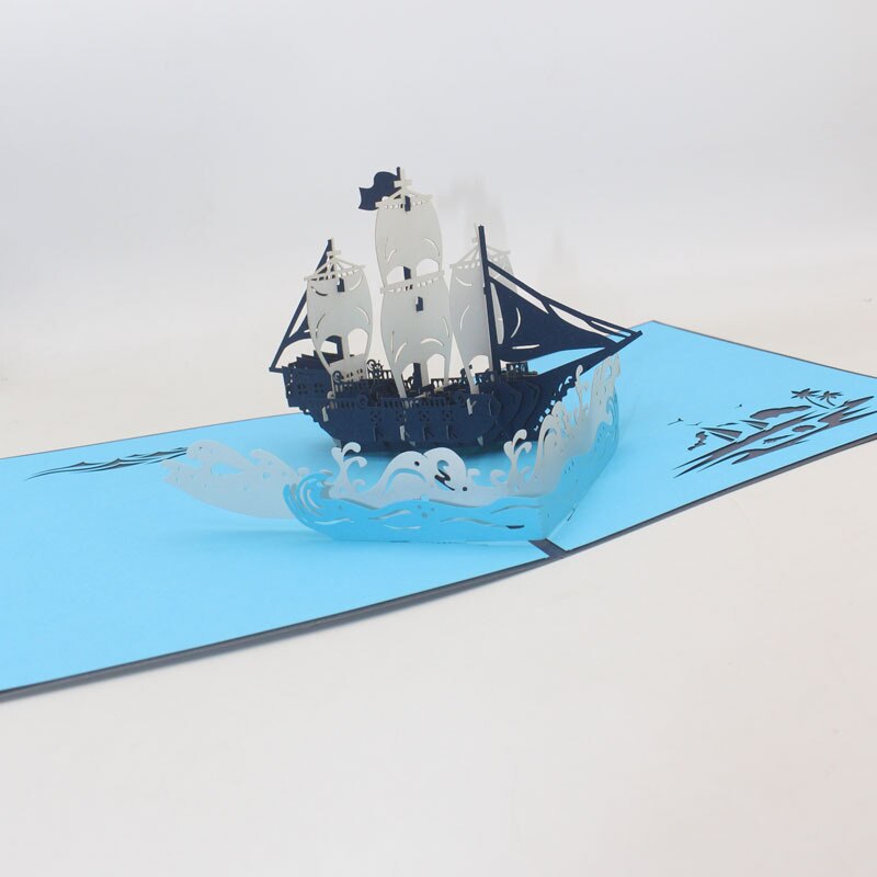 Couverture bleue 3D faite à la main | Carte de vœux de bateau de voile et de mer ondulée, carte postale, d'anniversaire