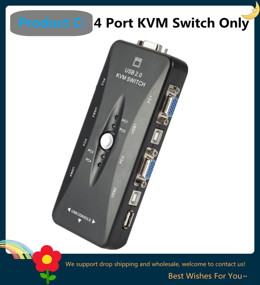 2/4 Port USB2.0 KVM Switch Box For Mouse Keyboard Printer Share Switcher 200MHz 1920x1440 VGA Monitor Switch Box Adapter: 4 Ports
