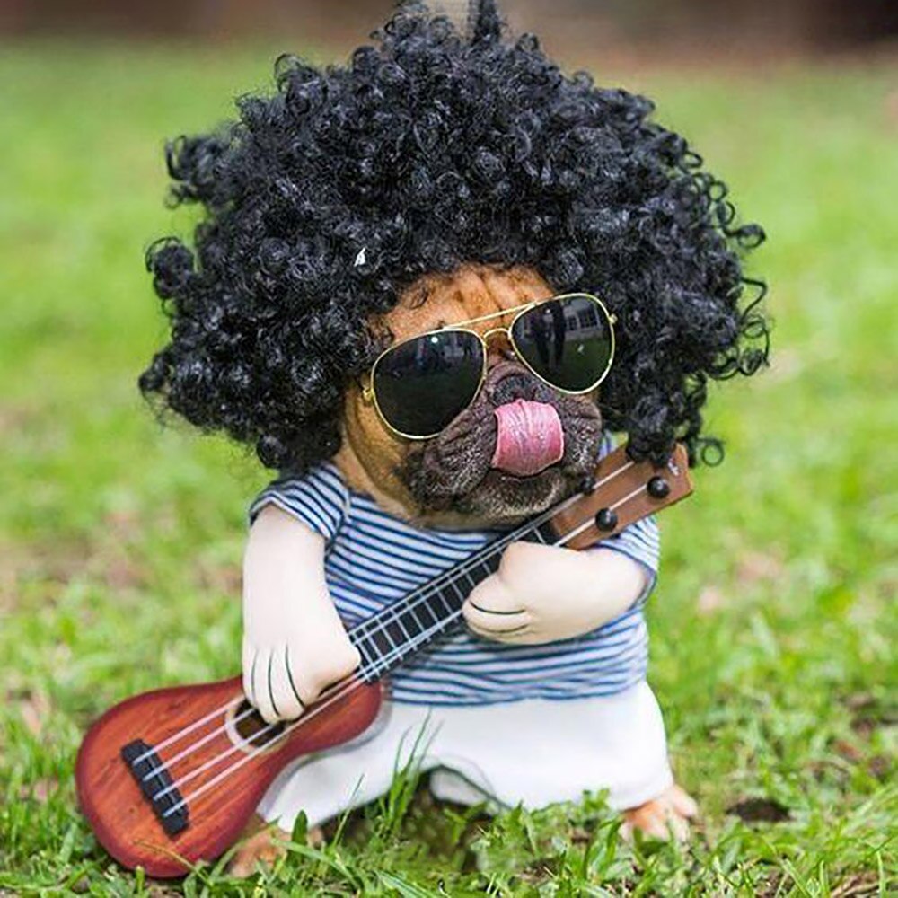 Rolig husdjur gitarrist cosplay hund kostym gitarrist utklädning fest jul halloween år kläder för hund katter plus peruk