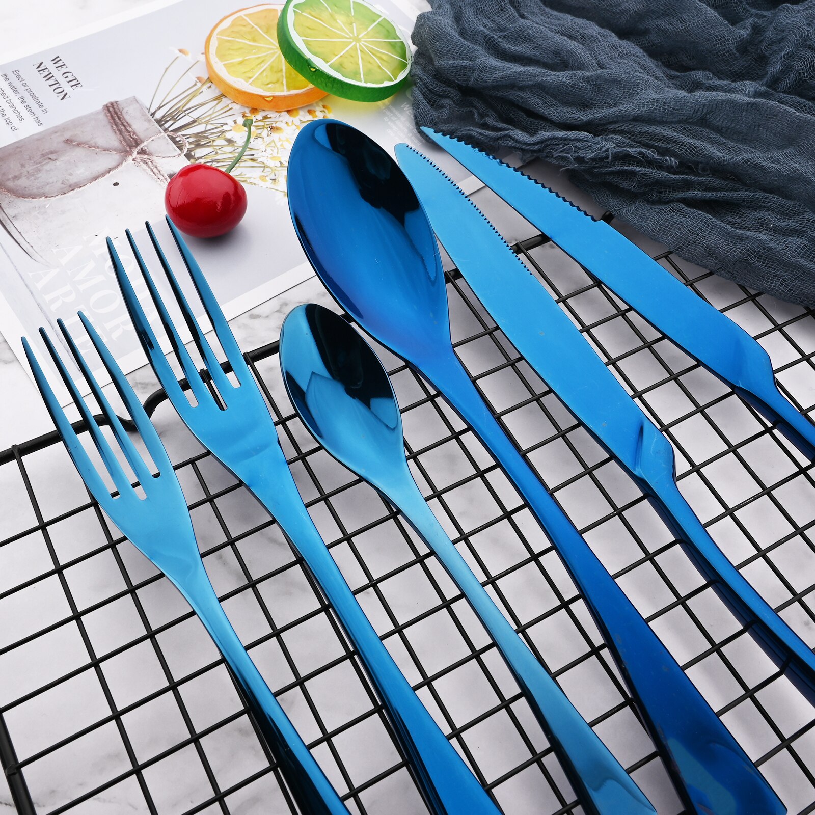 Mirror Blue Cutlery Set 18/10 Stainless Steel Tableware Dinnerware Set Steal Knife Spoon Fork Dinner Set Kitchen Flatware Set