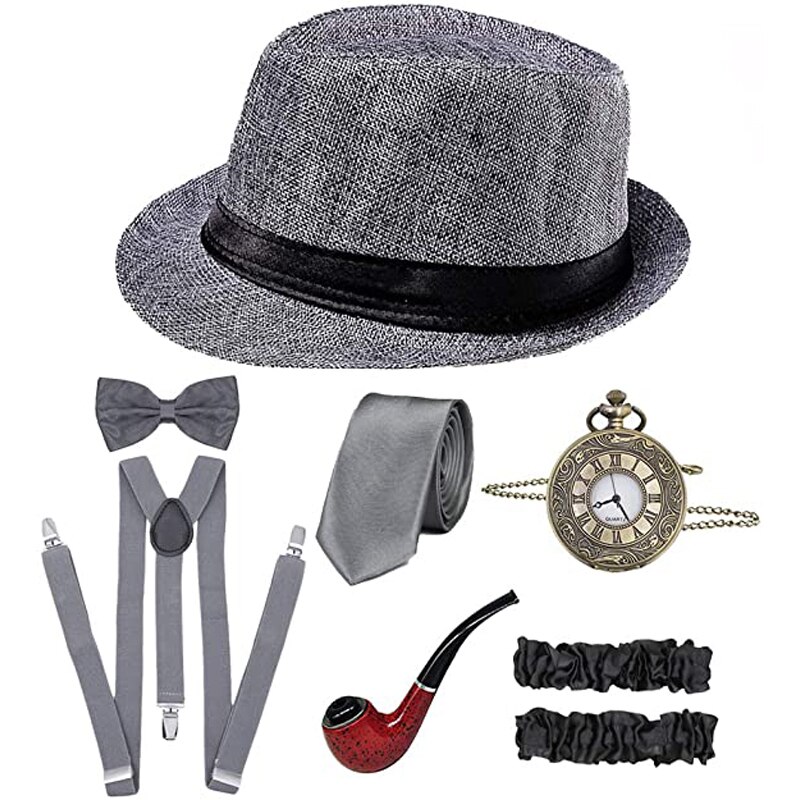 Cosplay kostyme 1920s herre gatsby gangster kostyme 8 stk tilbehørssett for mann: Grå