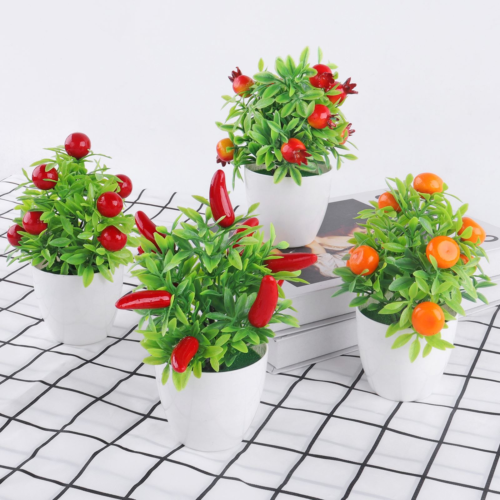 Kunstige planter bonsai appelsin granatæble frugt chili træ potte vindueskarm dekoration hjemme bord dekoration mini plast ornament