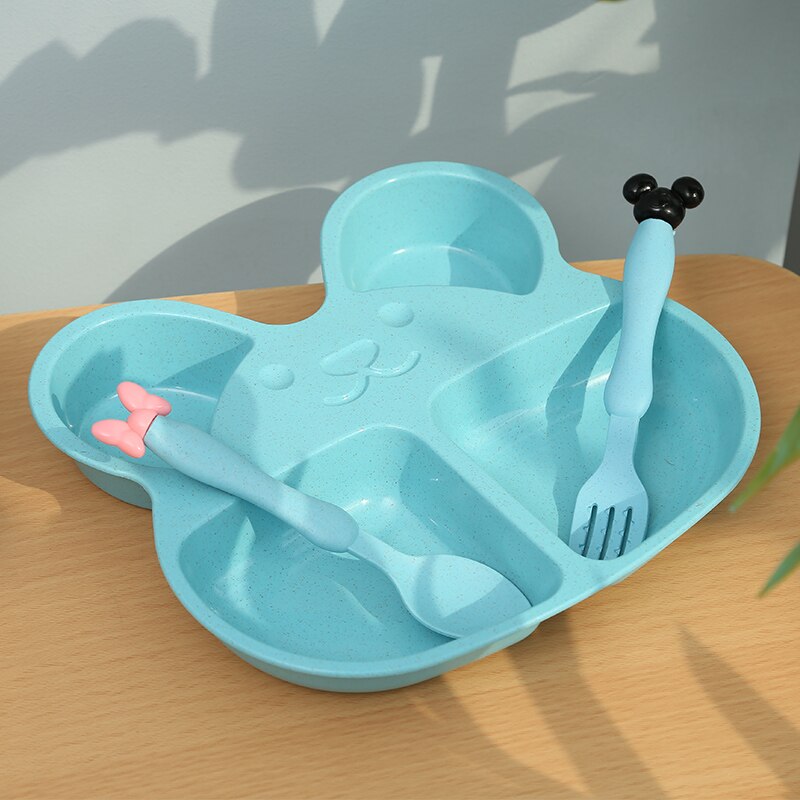 Wheat Straw Children Cartoon Bear Tableware Set Baby Dinner Plate Feeding Dishes Baby Training Bowl Spoon Fork for Kids Eating: Blue Set