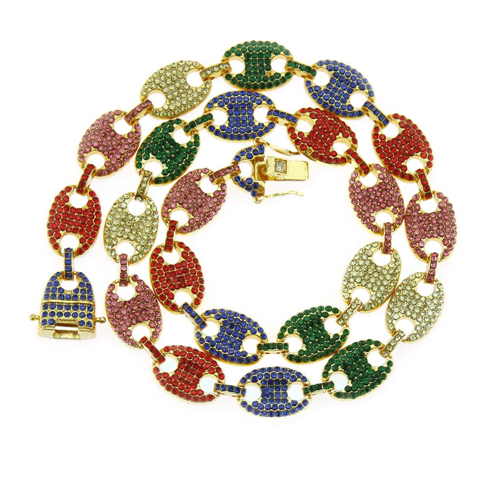 HIP HOP Punk Iced Out Zircon Multi-Colors Coffee Bean Pig Nose Rhinestone Necklace Charm Link Chain Bling Necklaces Men Jeweley: Colored Zircon Gold / 20inch