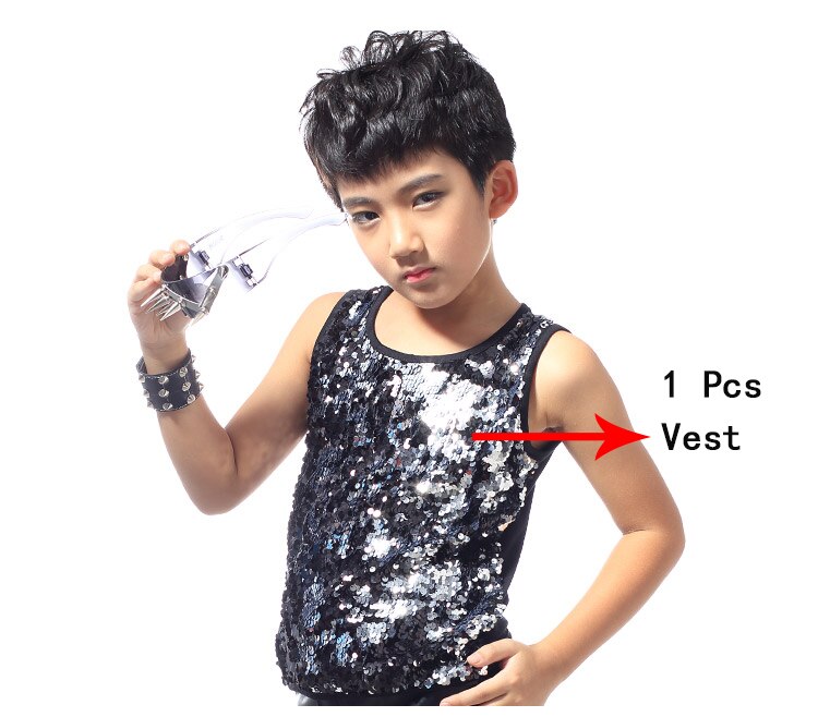 Trajes de Jazz para niños, chaleco con lentejuelas, Top, traje de chico de Hip Hop, ropa de actuación de baile, ropa de baile callejero, DNV10055: 120cm