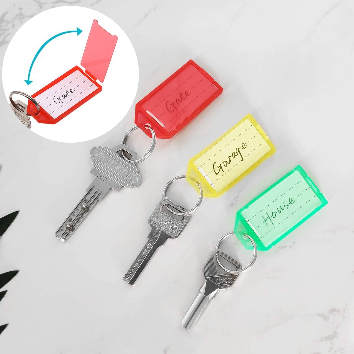 Porte-clés en plastique avec étiquette à rabat, fenêtre, bain, anneau fendu, porte-clés d'identification bricolage, bagage, sac à dos, voiture, prédire, 10 pièces