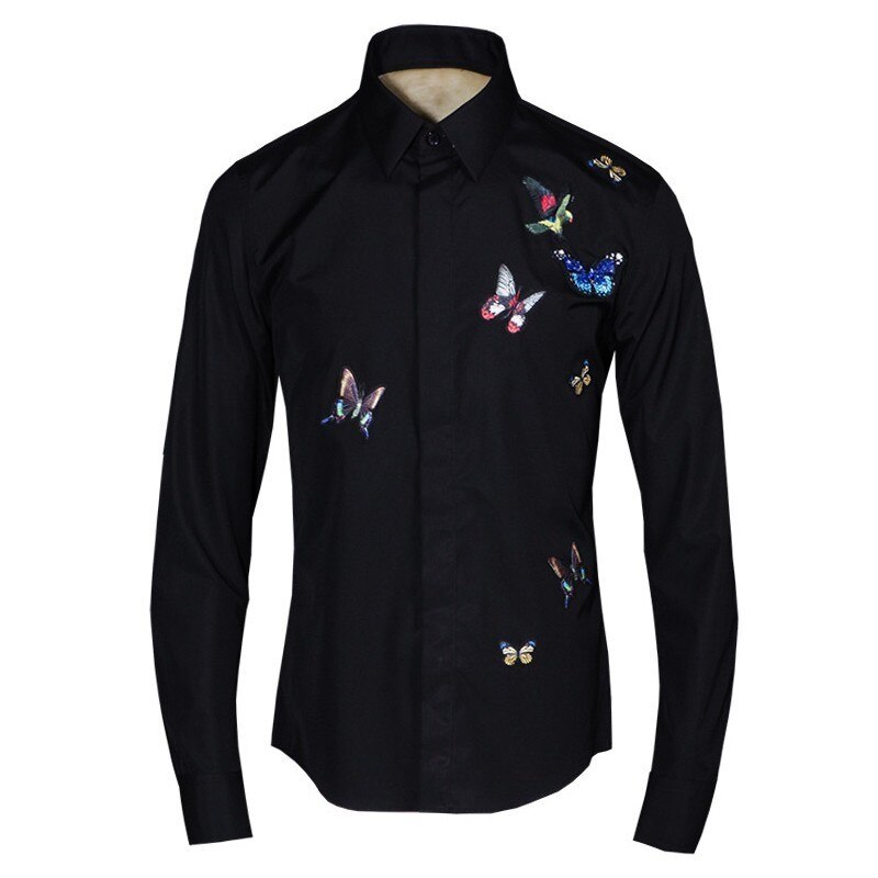Primavera hombres mariposa vestido de boda bordado camisas entallado oficina trabajo solapa cuello Camisetas camisa de hombre blanco Formal superior: black / Asia size 40