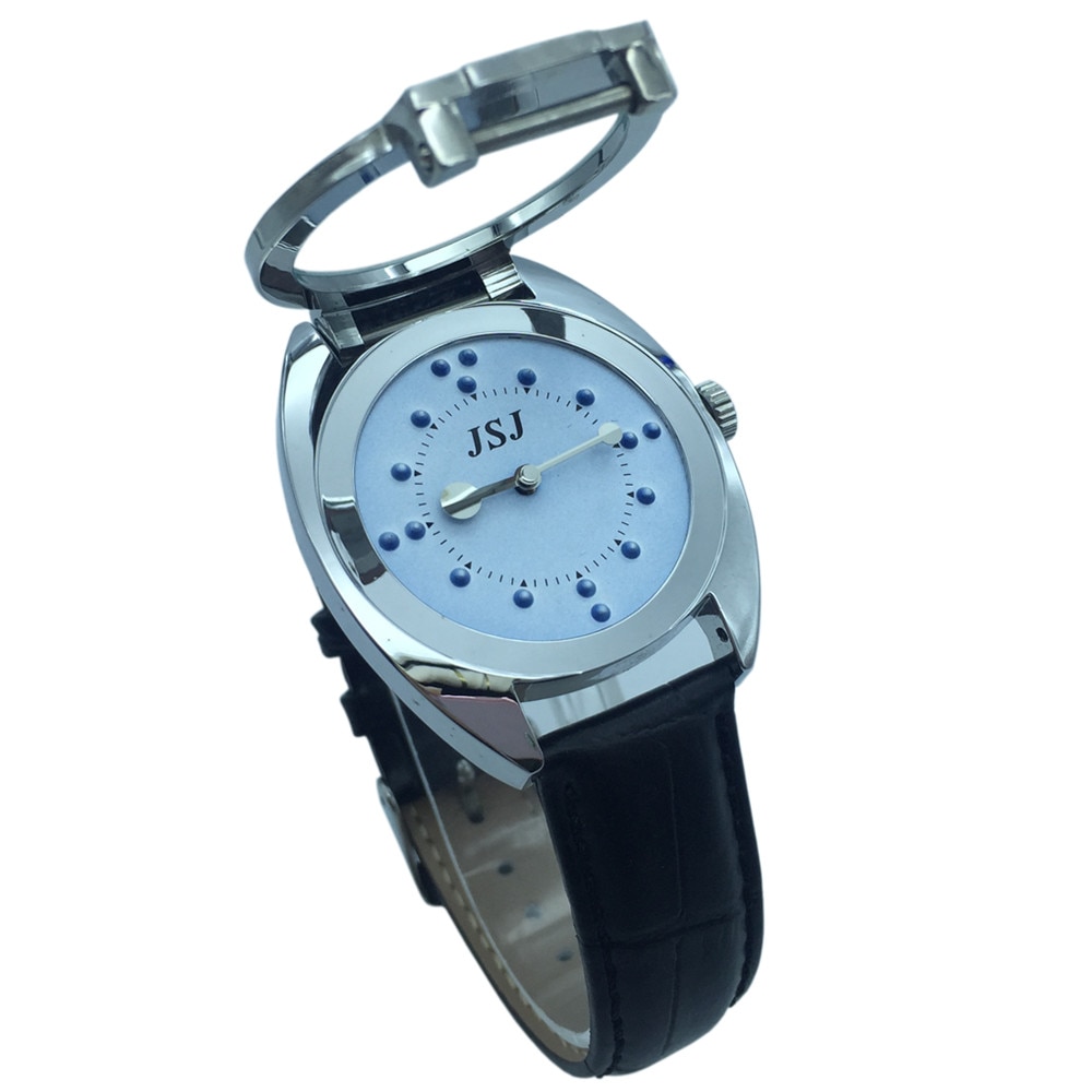 Braille taktilt armbåndsur med blåt ansigt, læderrem
