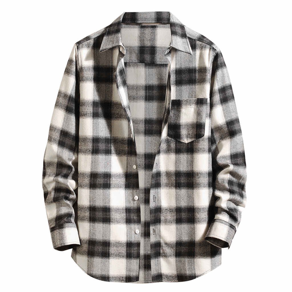 Green Plaid Print Men Shirt Classic Turn-Down Collar Chemise Homme Long Sleeve Casual Mens Shirts Slim Button Streetwear: Black / L