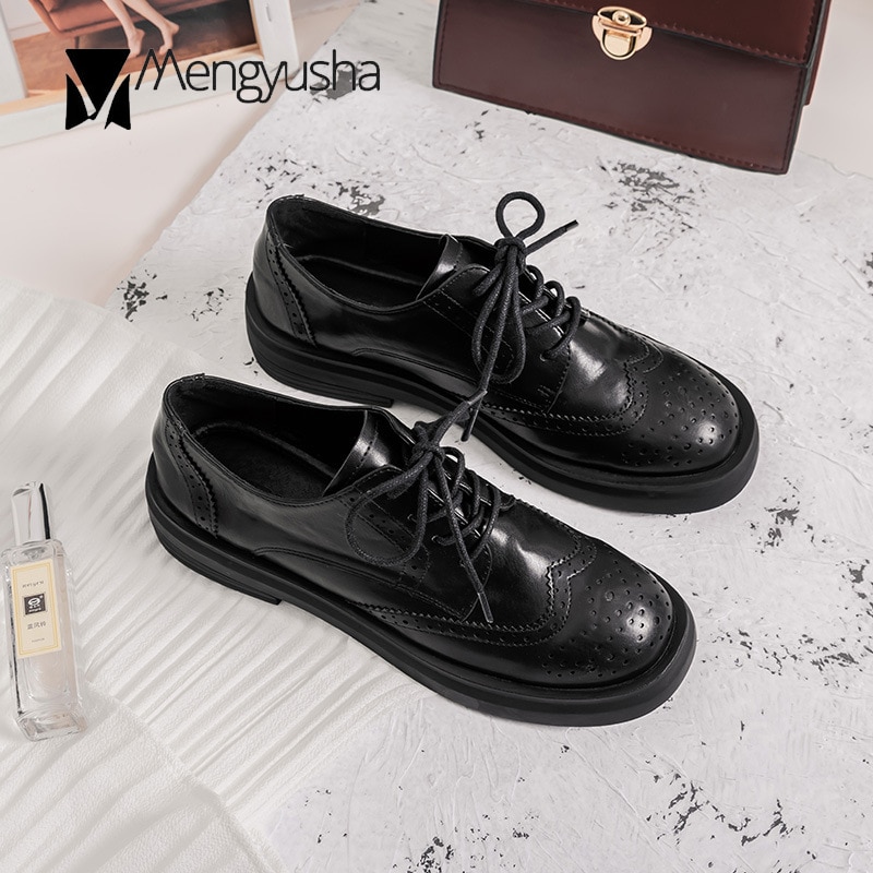 Zapatos Oxford con cordones para mujer, puntera redonda sólida, braguitas de costura, zapatos de piel sintética, zapatos planos informales de tacón grueso para mujer