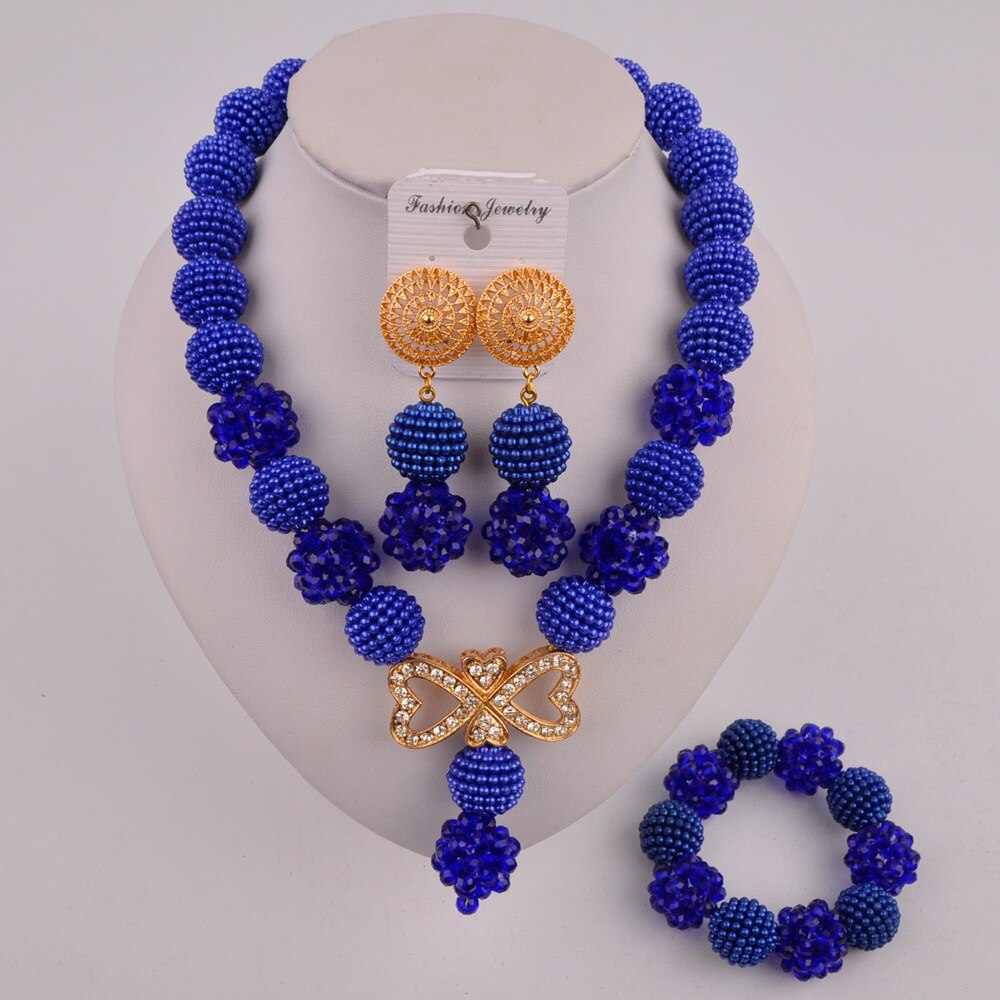 Nigeriaanse bruiloft, prachtige bruidssieraden, afrikaanse sieraden, rode imitatieparel, kristallen sieradenset xx -82: Koningsblauw